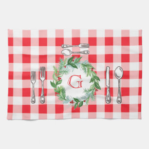 Watercolor Weihnachtsgirlande MONOGRAMM Rot Karier Geschirrtuch