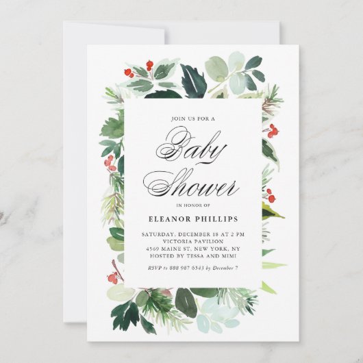Watercolor Weihnachtsgrün Rahmen Babydusche Einladung (Vorderseite)