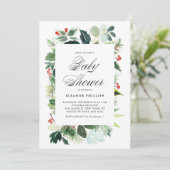 Watercolor Weihnachtsgrün Rahmen Babydusche Einladung (Stehend Vorderseite)