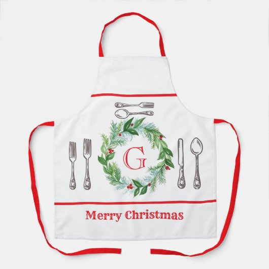 Watercolor-Weihnachtskranz MONOGRAM Unisex Schürze (Vorderseite)