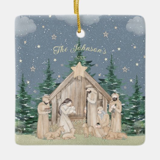 Watercolor-Weihnachtsnativität Keramikornament (Vorderseite)