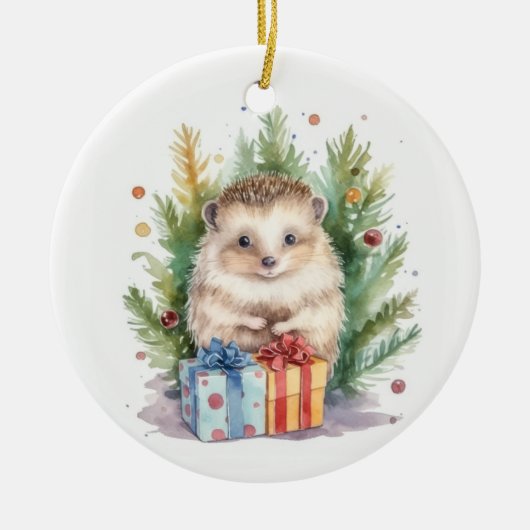 Watercolor Weihnachtszeit-Igel Keramik Ornament (Vorne)