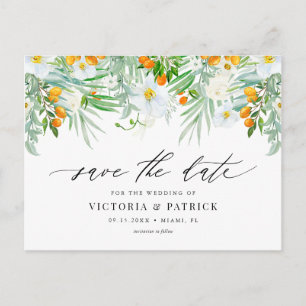 Watercolor Weiße Orchideen & Kumquats Save-the-Dat Ankündigungspostkarte