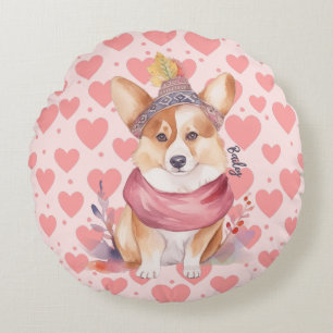Watercolor Welsh Corgi Rosa Herz Rundes Kissen