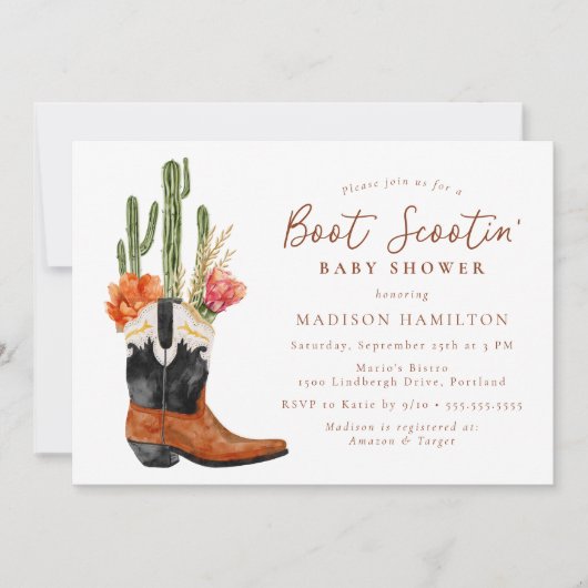 Watercolor Western Boot Scootin' Baby Shower Einladung (Vorderseite)
