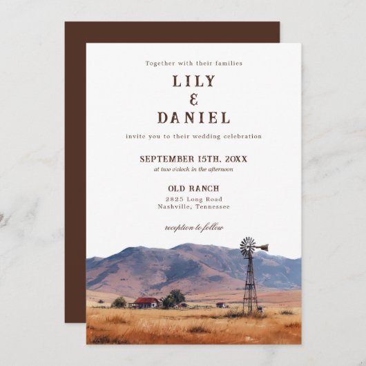 Watercolor Western Mountain Cowboy Ranch Wedding Einladung (Vorne/Hinten)