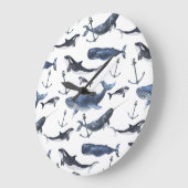 Watercolor Whale & Anchor Pattern Große Wanduhr (Winkel)