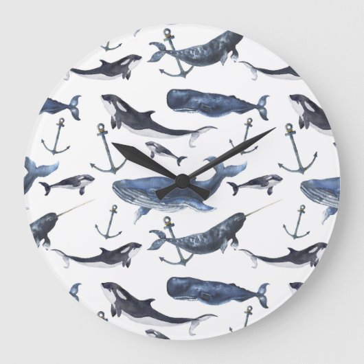 Watercolor Whale & Anchor Pattern Große Wanduhr (Vorderseite)