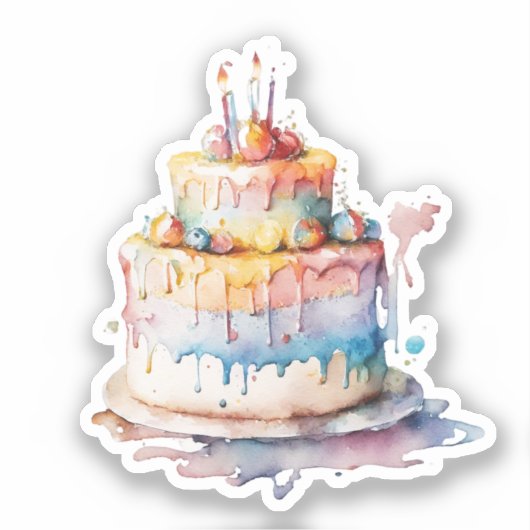 Watercolor Whimsical Birthday Cake Aufkleber (Vorderseite)