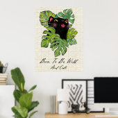 Watercolor Whimsical Black Cat And Monstera Leaves Poster (Heimbüro)