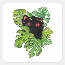 Watercolor Whimsical Black Cat And Monstera Leaves Quadratischer Aufkleber