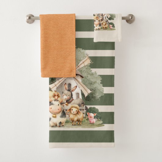 Watercolor Whimsical Farm Animals Badhandtuch Set (Insitu)