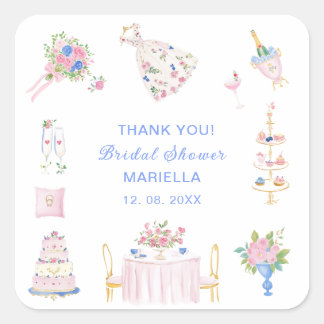    Watercolor whimsical hand drawn bridal shower Quadratischer Aufkleber