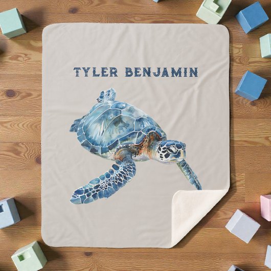 Watercolor Whimsical Sea Turtle in Blue Sherpadecke