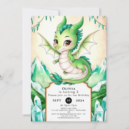 Watercolor Whimsy Dragon Birthday Einladung (Vorderseite)
