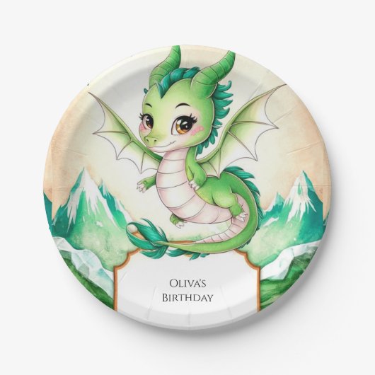 Watercolor Whimsy Dragon Birthday Pappteller (Vorderseite)