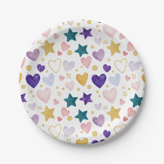Watercolor Whimsy Hearts & Stars Pappteller (Vorderseite)