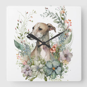 WATERCOLOR-WHIPPET-HUND MIT WILDBLUMEN QUADRATISCHE WANDUHR