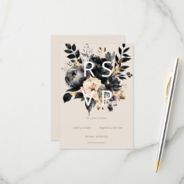 Watercolor White Black Gold Floral RSVP Card