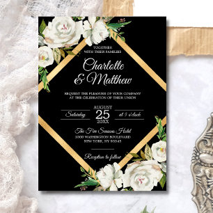 Watercolor White Black Gold Floral Wedding Einladung