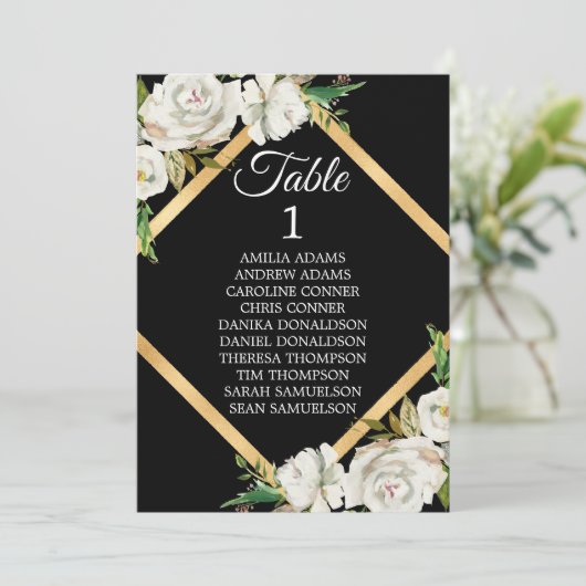Watercolor White Black Gold Floral Wedding Einladung (Stehend Vorderseite)