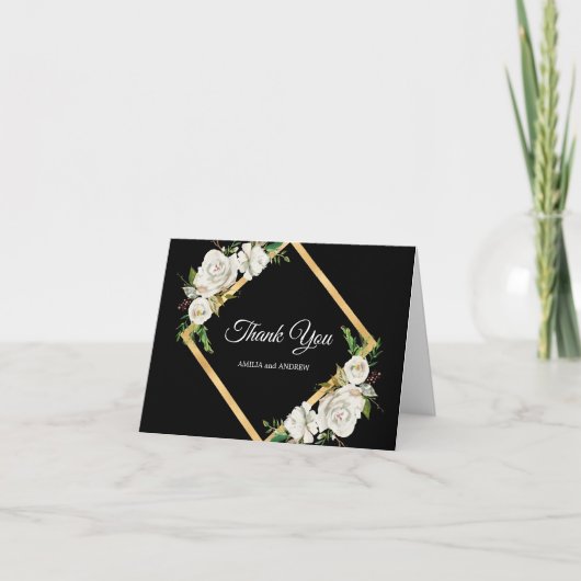 Watercolor White Black Gold Floral Wedding Vielen Dankeskarte (Vorderseite)