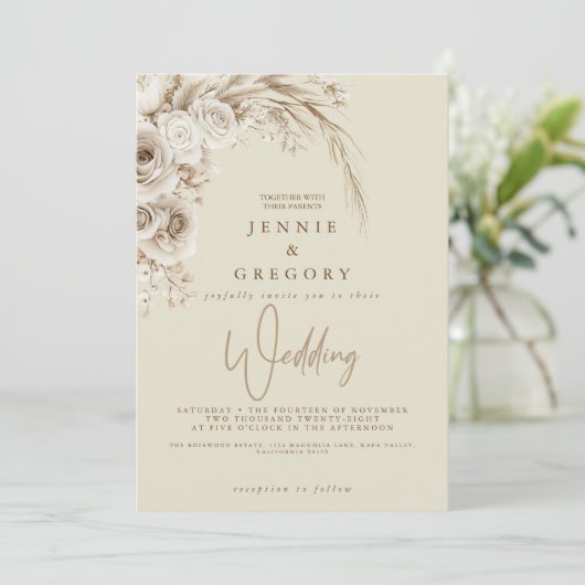 Watercolor White Boho Wedding Floral Einladung (Stehend Vorderseite)