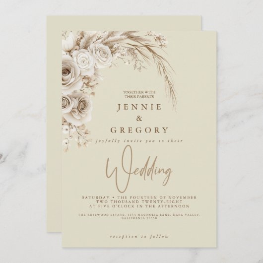 Watercolor White Boho Wedding Floral Einladung (Vorne/Hinten)