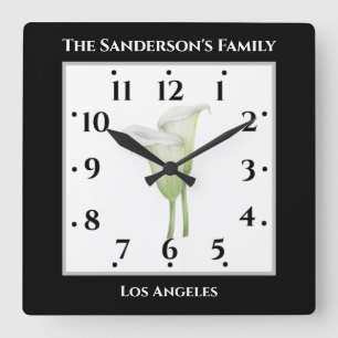 Watercolor White Calla Lily Illustration Black Quadratische Wanduhr