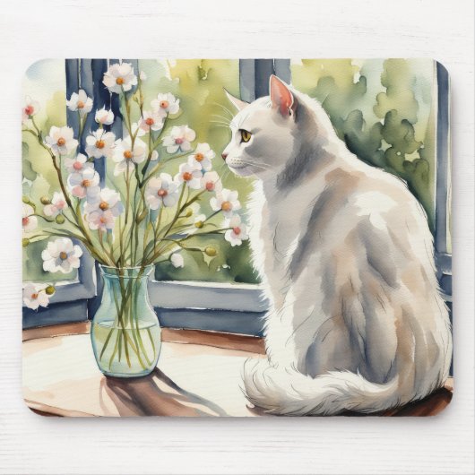 Watercolor White Cat and Daisies Mousepad (Vorne)