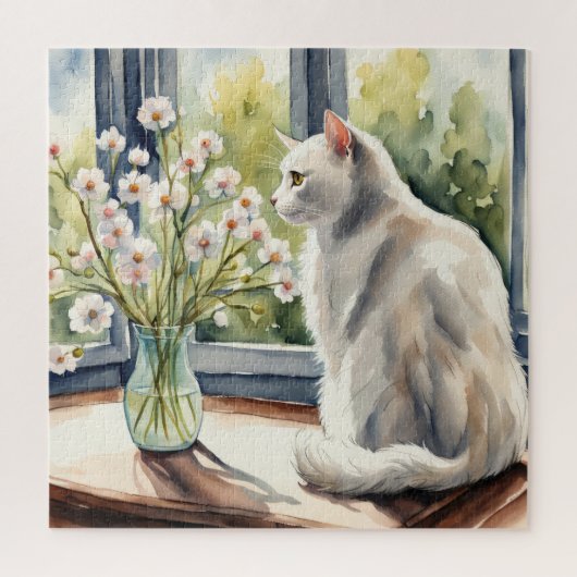 Watercolor White Cat and Daisies Puzzle (Vertikal)