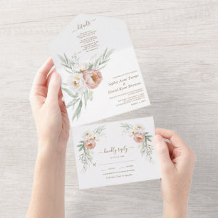 Watercolor White Dusty Rose Blume Hochzeit All In One Einladung