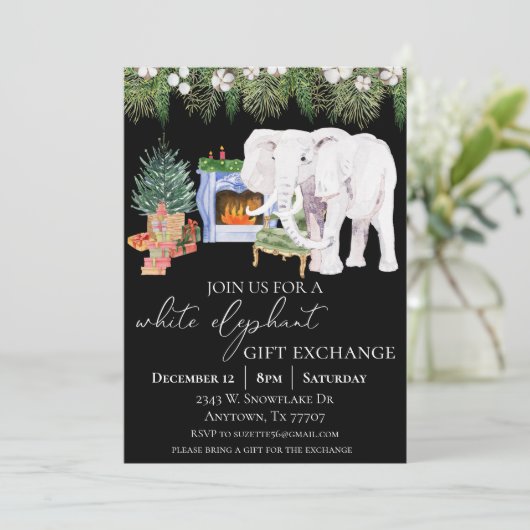 Watercolor White Elephant Gift Exchange Party Einladung (Stehend Vorderseite)