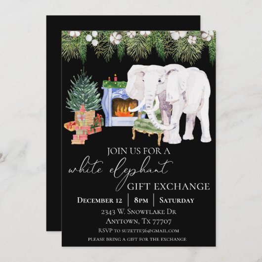 Watercolor White Elephant Gift Exchange Party Einladung (Vorne/Hinten)