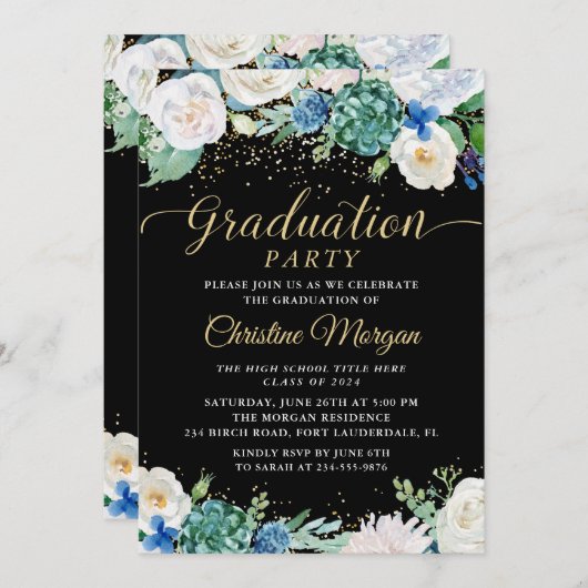 Watercolor White Floral Botanical Graduation Party Einladung (Vorne/Hinten)
