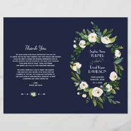 Watercolor White Floral Dark Blue Wedding Program