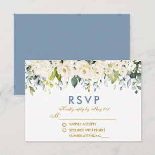 Watercolor White Floral Dusty Blue Gold Hochzeit RSVP Karte