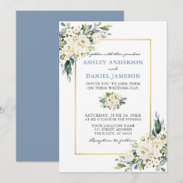 Watercolor White Floral Dusty Blue Wedding Einladung