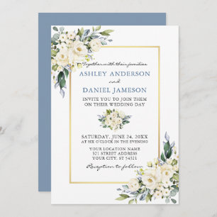 Watercolor White Floral Dusty Blue Wedding Einladung