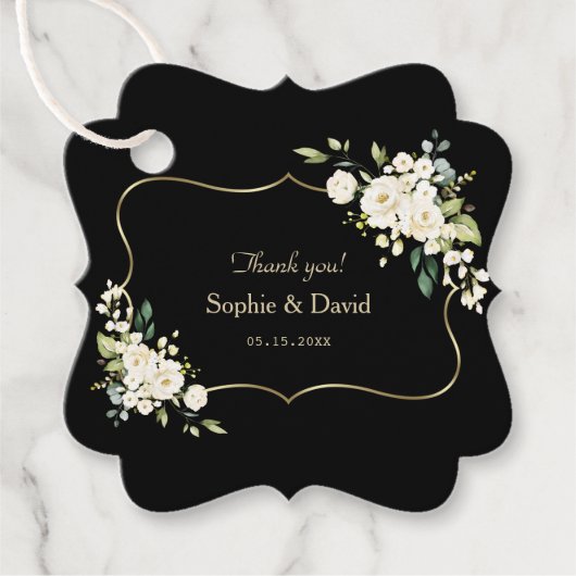 Watercolor White Floral Gold Black Wedding Geschenkanhänger (Vorderseite)