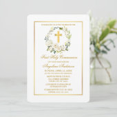 Watercolor White Floral Gold Cross Kommunion Einladung (Stehend Vorderseite)