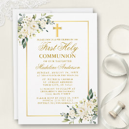 Watercolor White Floral Gold Erstkommunion Einladung