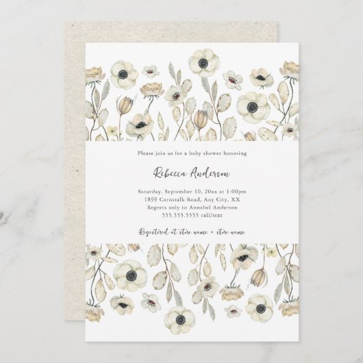 Watercolor White Floral neutrale Babydusche Einladung (Vorne/Hinten)