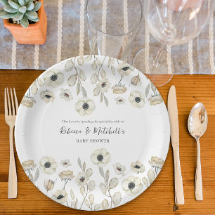 Watercolor White Floral neutrale Babydusche Pappteller
