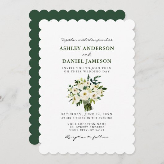 Watercolor White Floral Wedding Greenery S Einladung (Vorne/Hinten)
