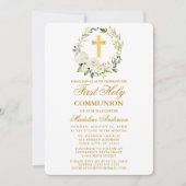Watercolor White Floral Wreath Goldkommunion Einladung (Vorderseite)