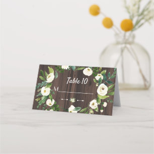 Watercolor White Floral Wreath Wood Wedding Platzkarte