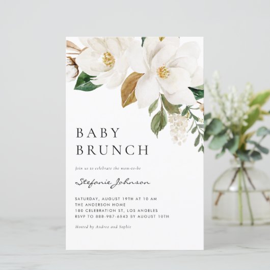 Watercolor White Magnolia Baby Brunch Einladung (Stehend Vorderseite)