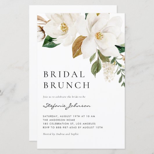 Watercolor White Magnolia Bridal Brunch Einladung (Vorne/Hinten)