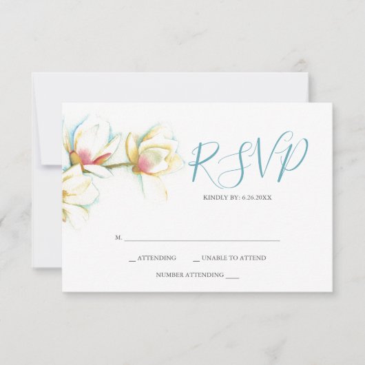 Watercolor White Magnolia Flower Reply RSVP Cards Karte (Vorderseite)